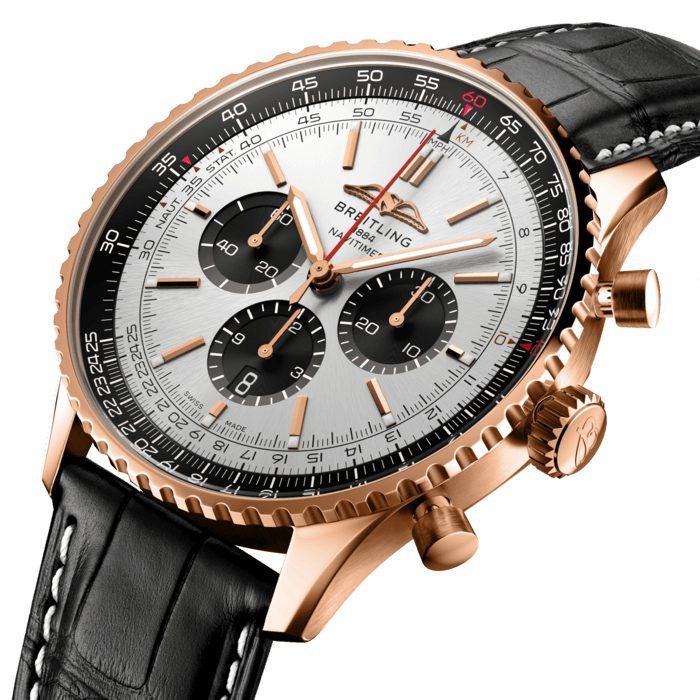 Breitling’s iconic pilot’s chronograph – for the journey.
In 1952, Willy Breitling developed a wrist-worn chronograph with a circular slide rule that would allow pilots to perform all necessary flight calculations. Two years later, the Aircraft Owners and Pilots Association (AOPA) announced the design as its official timepiece. The “navigation timer” – or Navitimer – was born.
The AOPA was (and remains) the largest pilots’ club in the world, counting nearly every US aviator among its ranks. As the defacto pilot’s watch throughout the glory days of civil aviation, the Navitimer was worn by airline captains and aircraft enthusiasts. It even made its way into space on the wrist of astronaut Scott Carpenter in 1962. And it wasn’t only pilots drawn to the watch’s irrepressible aesthetic. Celebrities of the day such as Miles Davis and Serge Gainsbourg were devotees, proving that the Navitimer had style as well as function.
There have been many iterations of Breitling’s icon since its debut 70 years ago, but this new Navitimer captures its most classic features, while enhancing them with modern refinements. A flattened slide rule and a domed crystal create the illusion of a sleeker profile. Alternating polished and brushed metal elements give a lustrous, yet understated finish. Most notably, new colors in shades of blue, green and copper, define the updated dial options. And if there is one update sure to spark nostalgia, it’s the return of the AOPA wings to their original position at 12 o’clock.
For 70 years, Breitling’s original pilot’s watch has been beloved by aviators and tastemakers in equal measure. Worn by astronauts in space and the biggest stars on earth, it is Breitling’s most iconic timepiece and one of the most recognizable watches of all time.