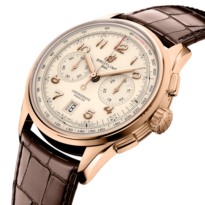 In the early 1940s, Willy Breitling was already dreaming of a time after the war, when utility would give way to unbridled optimism. He began designing a chronograph that would be functional but also undeniably elegant and infinitely wearable—in his words, “the unmistakable stamp of impeccable taste.” He called this new line the Premier.
To create its modern Premier, Breitling preserved distinctive vintage-Premier details, including the smooth fixed bezel, twin-register dial, streamlined rectangular pushers and applied Arabic numerals. The Premier B01 Chronograph 42 is available in an array of dial colors and case materials. It comes on a choice of classic alligator leather strap or sleek 7-row metal bracelet. Today’s Premier also lives up to Willy Breitling’s uncompromising technical standards with its exceptional self-winding movement—the COSC-certified Breitling Manufacture Caliber 01—designed for maximum precision, reliability and functionality.