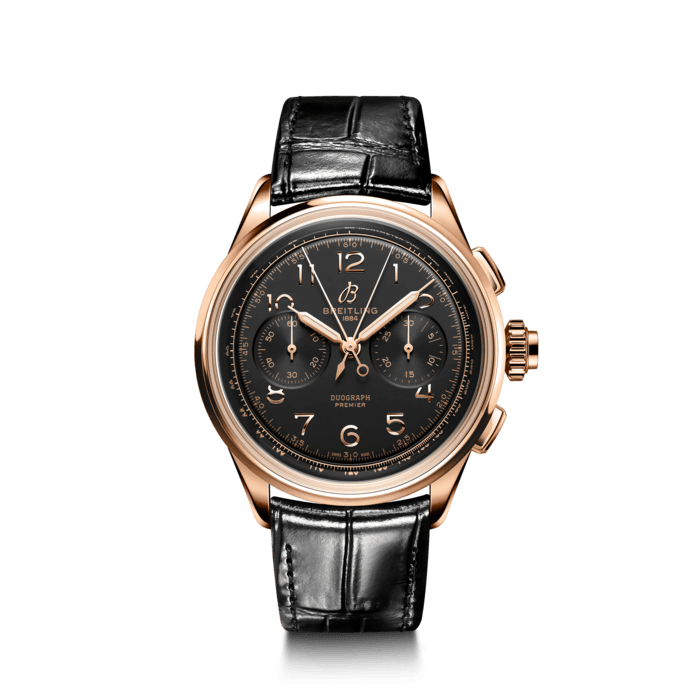 Paying homage to three generations of inventors – Léon, Gaston & Willy Breitling – the Premier Duograph displays Breitling’s watchmaking expertise with its split second complication. As Willy Breitling said, the Premier is an “unmistakable stamp of impeccable taste”.
This latest generation of Premier chronographs brings its timeless elegance back to life, and showcases Breitling’s highest level of watchmaking thanks to a range of iconic Premier complications: the Chronograph, the Duograph and the Datora.
Featuring rectangular chronograph pushers, bi-compax chronograph look and Arabic numerals, the heritage-revived Premier chronographs display a variety of elegant design details such as grooves on the case-sides, open sapphire casebacks and vintage-inspired hands.
The Duograph comes in two variations: in stainless steel with a blue dial and a gold brown alligator strap or in 18k red gold with a black dial and a black alligator strap.
“Duograph” was a term used by Breitling in the 1940s and refers to a “chronograph rattrapante". A rattrapante (from the French “rattraper” – to catch up) is one of the most elaborate of all watch complications. In terms of manufacturing difficulty, it’s on a par with the tourbillon and minute repeater. Its function is to measure two elapsed times at once (intermediate and split time), which it shows via two hands on the central chronograph. The Duograph is powered by the manually wound cosc-certified Breitling Manufacture Caliber B15, featuring two patented innovations: one to simplify the mechanism and the other to improve accuracy.