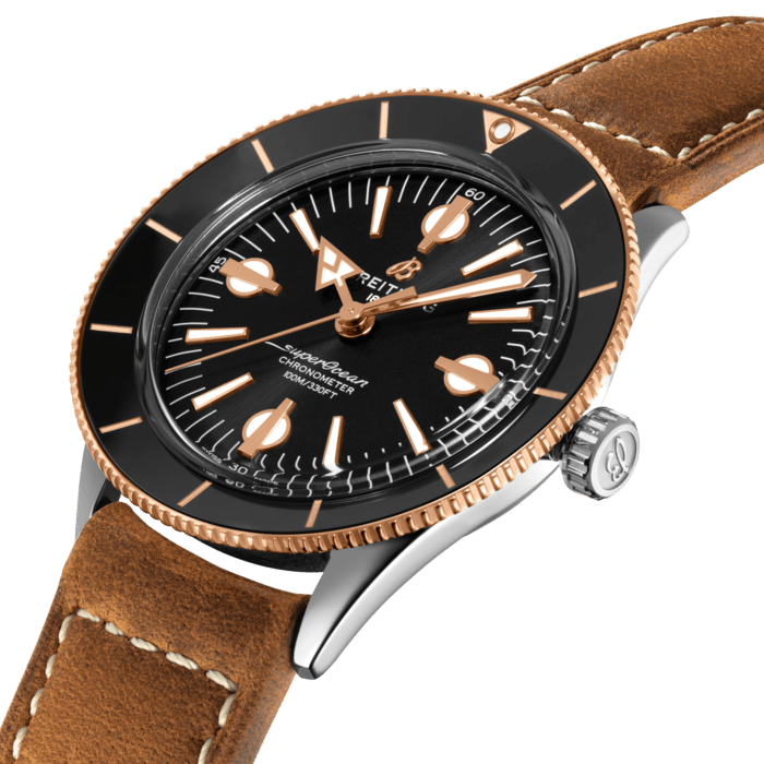 The Superocean Heritage ’57 Capsule collection pays tribute to the original 1957 SuperOcean and the cool, laid-back surfing lifestyle of the 1960s.
Available in a variety of materials including stainless steel and 18k red gold, the 42 mm case features two signature elements of the original SuperOcean: a concave bidirectional ceramic bezel and a dial featuring oversized indices. Paired with a mesh bracelet or a black, brown or gold calfskin leather strap that fits both a stainless-steel pin or folding buckle, the Superocean Heritage ‘57 is powered by the Breitling Caliber 10, a COSC-certified chronometer.