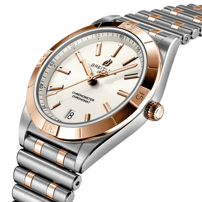 Stylish yet elegant, the modern-retro inspired Chronomat Automatic 36 is the versatile sporty and chic watch for any occasion.
It is available in an array of metal cases, from cool stainless steel, to goes-with-everything bicolor, or even luxurious 18k red gold. Women craving extra sparkle will also be able to opt for diamond-set bezels, indices, and colorful dials. Featuring Breitling’s iconic and comfortable “Rouleaux” bracelet with a butterfly clasp, the Chronomat Automatic 36 is powered by the Breitling Caliber 10, a COSC-certified chronometer.