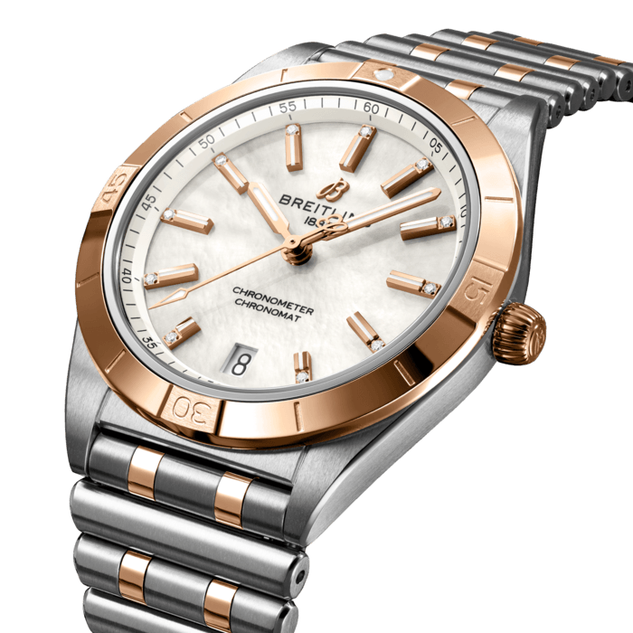 Stylish yet elegant, the modern-retro inspired Chronomat Automatic 36 is the versatile sporty and chic watch for any occasion.
It is available in an array of metal cases, from cool stainless steel, to goes-with-everything bicolor, or even luxurious 18k red gold. Women craving extra sparkle will also be able to opt for diamond-set bezels, indices, and colorful dials. Featuring Breitling’s iconic and comfortable “Rouleaux” bracelet with a butterfly clasp, the Chronomat Automatic 36 is powered by the Breitling Caliber 10, a COSC-certified chronometer.