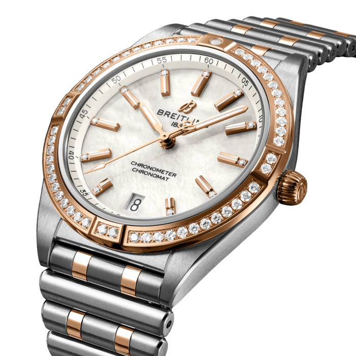 Stylish yet elegant, the modern-retro inspired Chronomat Automatic 36 is the versatile sporty and chic watch for any occasion.
It is available in an array of metal cases, from cool stainless steel, to goes-with-everything bicolor, or even luxurious 18k red gold. Women craving extra sparkle will also be able to opt for diamond-set bezels, indices, and colorful dials. Featuring Breitling’s iconic and comfortable “Rouleaux” bracelet with a butterfly clasp, the Chronomat Automatic 36 is powered by the Breitling Caliber 10, a COSC-certified chronometer.