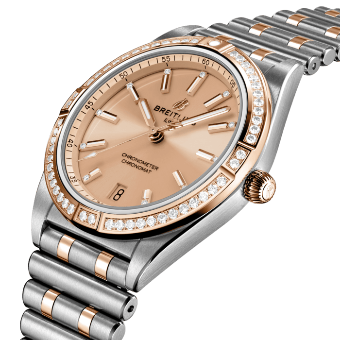 Stylish yet elegant, the modern-retro inspired Chronomat Automatic 36 is the versatile sporty and chic watch for any occasion.
It is available in an array of metal cases, from cool stainless steel, to goes-with-everything bicolor, or even luxurious 18k red gold. Women craving extra sparkle will also be able to opt for diamond-set bezels, indices, and colorful dials. Featuring Breitling’s iconic and comfortable “Rouleaux” bracelet with a butterfly clasp, the Chronomat Automatic 36 is powered by the Breitling Caliber 10, a COSC-certified chronometer.
