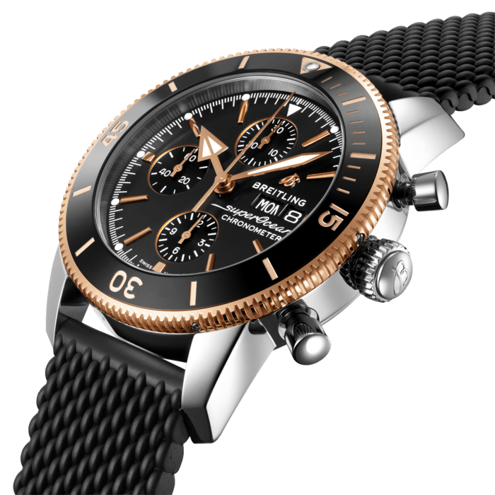 Inspired by the original Superocean from the 1950s, the Superocean Heritage combines iconic design features with a modern touch. Sporty and elegant, the Superocean Heritage is a true embodiment of style at sea.
Featuring the iconic triangular-shaped hands as well as a unidirectional bezel with a polished ceramic ring, the Superocean Heritage is an elegant looking diver’s watch. Available in a variety of materials including stainless steel and 18k red gold, the Superocean Heritage Chronograph 44 features a range of colored dials. Offered either with a matching mesh bracelet, or a “mesh-styled” rubber strap fitting a folding buckle, this Superocean Heritage is powered by the Breitling Caliber 13, a COSC-certified chronometer.
