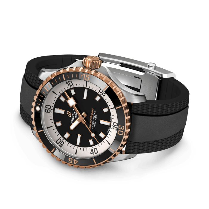 Performance and style for all your water-based pursuits.
In the 1960s, the new sport of scuba diving was all the rage. For divers, timing was everything, and Breitling set out to give them the most clear-cut dive watch possible by eliminating any feature that didn’t support their lifesaving needs underwater. This pared-down watch was named the Slow Motion. What remained were clean lines, chunky luminescent indexes, squared-off hands and a high-contrast dial ring, all aimed at maximum legibility. Practical, yes. But what people really fell in love with was the look.
The new Superocean retraces the Slow Motion's celebrated design codes, while adding modern features, like a ceramic-inlayed bezel and brightly colored dials. Broad hands and indexes in luminescent Super-LumiNova® allow for easy readability underwater. The watch is water resistant to 300 m (1000 ft), as well as being shock-, sand- and saltwater-resistant. The bronze version uses a special alloy that has excellent resistance to corrosion, yet will still develop a subtle patina over time that makes the watch even more unique. The two strap options (rubber and metal bracelet) have a folding clasp that allows for micro-adjustments of up to 15 mm for easy wear over rashies and wetsuits. Its scratch-proof ceramic inlayed bezel will never wear or fade. For safety, the bezel is uni-directional on most sizes and bi-directional with a patented lock on the 46 mm.
Best of all, this is no longer strictly a dive watch—surf with it, swim with it, hit the beach bar with it, then wear it out to dinner. The Superocean perfectly balances the nostalgia of its heritage with a fresh new look.