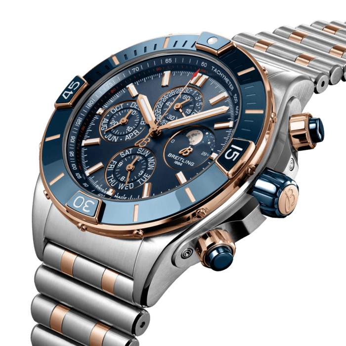 Breitling’s supercharged watch for your every pursuit, with a four-year calendar.
The Super Chronomat is inspired by the original 1980s Chronomat that Breitling created for the hotshots of aerobatic squadrons. The boldest of all Chronomat watches, the Super Chronomat features several ceramic inserts – on the bezel, on the chronograph pushers and on the crown – as well as a Rouleaux-inspired rubber strap. Still, this all-purpose sports watch won’t get in the way of your sense of style.
The Super Chronomat comes in several colour and metal variations, from stainless steel to 18 k red gold. It either features the iconic Rouleaux bracelet or a rubber Rouleaux-inspired strap, matched with a folding clasp. The Super Chronomat 44 Four-Year Calendar is powered by the Breitling Calibre 19, a COSC-certified chronometer with a semi-perpetual calendar mechanism that needs adjusting just once every leap year – or every 1,461 days.