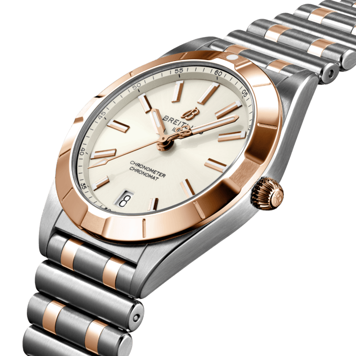 Stylish yet elegant, the modern-retro inspired Chronomat 32 is the versatile sporty and chic watch for any occasion.
It is available in an array of metal cases, from cool stainless steel, to goes-with-everything bicolor, or even luxurious 18k red gold. Women craving extra sparkle will also be able to opt for diamond-set bezels, indices, and colorful dials. Featuring Breitling’s iconic and comfortable “Rouleaux” bracelet with a butterfly clasp, the Chronomat 32 is powered by the Breitling Caliber 77, a COSC-certified SuperQuartz™ chronometer.