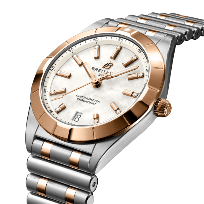 Stylish yet elegant, the modern-retro inspired Chronomat 32 is the versatile sporty and chic watch for any occasion.
It is available in an array of metal cases, from cool stainless steel, to goes-with-everything bicolor, or even luxurious 18k red gold. Women craving extra sparkle will also be able to opt for diamond-set bezels, indices, and colorful dials. Featuring Breitling’s iconic and comfortable “Rouleaux” bracelet with a butterfly clasp, the Chronomat 32 is powered by the Breitling Caliber 77, a COSC-certified SuperQuartz™ chronometer.