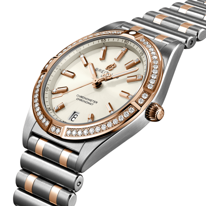 Stylish yet elegant, the modern-retro inspired Chronomat 32 is the versatile sporty and chic watch for any occasion.
It is available in an array of metal cases, from cool stainless steel, to goes-with-everything bicolor, or even luxurious 18k red gold. Women craving extra sparkle will also be able to opt for diamond-set bezels, indices, and colorful dials. Featuring Breitling’s iconic and comfortable “Rouleaux” bracelet with a butterfly clasp, the Chronomat 32 is powered by the Breitling Caliber 77, a COSC-certified SuperQuartz™ chronometer.