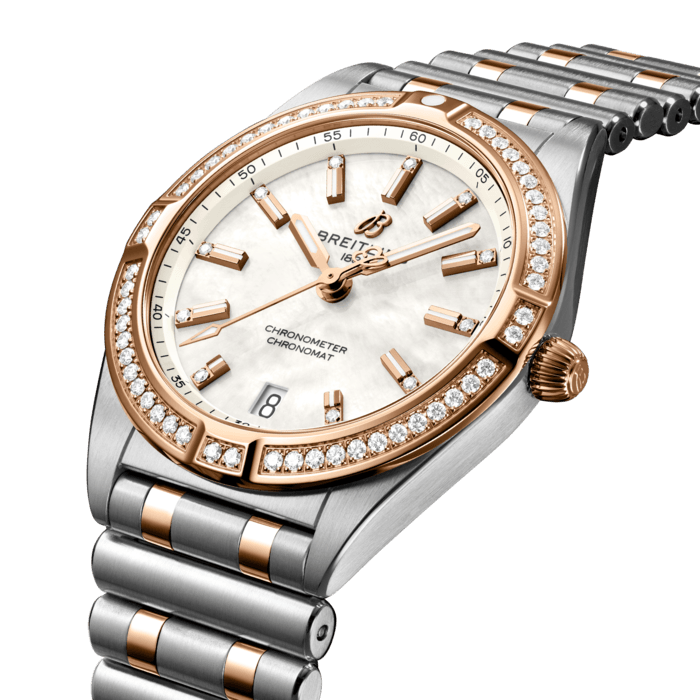 Stylish yet elegant, the modern-retro inspired Chronomat 32 is the versatile sporty and chic watch for any occasion.
It is available in an array of metal cases, from cool stainless steel, to goes-with-everything bicolor, or even luxurious 18k red gold. Women craving extra sparkle will also be able to opt for diamond-set bezels, indices, and colorful dials. Featuring Breitling’s iconic and comfortable “Rouleaux” bracelet with a butterfly clasp, the Chronomat 32 is powered by the Breitling Caliber 77, a COSC-certified SuperQuartz™ chronometer.