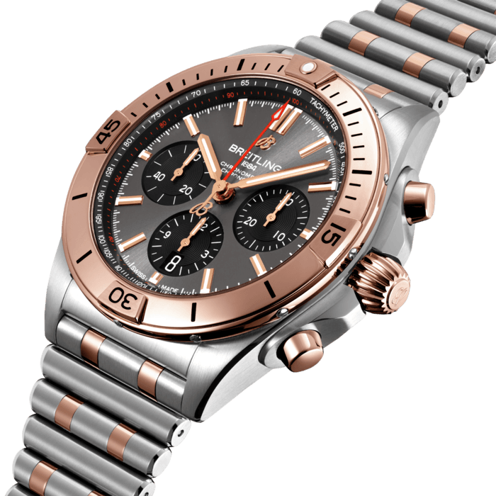 Breitling’s all-purpose watch for your every pursuit.
The Chronomat holds a significant place in Breitling’s history. Introduced in 1984, at a time where extra-thin quartz timepieces were the order of the day, Breitling placed a bold bet on an impressively proportioned mechanical watch.
Based on the Frecce Tricolori chronograph, which had been developed and launched in 1983 in collaboration with the famed Italian aerial squadron, the Chronomat celebrated Breitling’s centenary in style and marked the return of the mechanical chronograph to its rightfully prominent place at the brand which had built its global reputation on these incredible watches.
Available in a variety of materials including stainless steel and 18k red gold, the Chronomat features a 42 mm case and the iconic bezel with the four rider tabs. Available with a range of black, blue, silver, and copper dials, the Chronomat is matched to the signature “Rouleaux” bracelet and is powered by the in-house Breitling Manufacture Caliber 01, a COSC-certified chronometer.