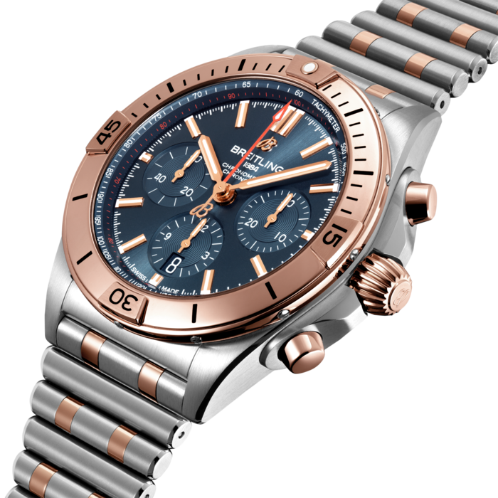 Breitling’s all-purpose watch for your every pursuit.
The Chronomat holds a significant place in Breitling’s history. Introduced in 1984, at a time where extra-thin quartz timepieces were the order of the day, Breitling placed a bold bet on an impressively proportioned mechanical watch.
Based on the Frecce Tricolori chronograph, which had been developed and launched in 1983 in collaboration with the famed Italian aerial squadron, the Chronomat celebrated Breitling’s centenary in style and marked the return of the mechanical chronograph to its rightfully prominent place at the brand which had built its global reputation on these incredible watches.
Available in a variety of materials including stainless steel and 18k red gold, the Chronomat features a 42 mm case and the iconic bezel with the four rider tabs. Available with a range of black, blue, silver, and copper dials, the Chronomat is matched to the signature “Rouleaux” bracelet and is powered by the in-house Breitling Manufacture Caliber 01, a COSC-certified chronometer.