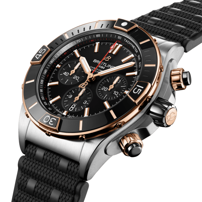 Breitling’s supercharged watch for your every pursuit.
The Super Chronomat is inspired by the original 1980s Chronomat that Breitling created for the hotshots of aerobatic squadrons. The boldest of all Chronomat watches, the Super Chronomat features several ceramic inserts – on the bezel, on the chronograph pushers and on the crown – as well as a Rouleaux-inspired rubber strap. Still, this all-purpose sports watch won’t get in the way of your sense of style.
The Super Chronomat comes in several colour and metal variations, from stainless steel to 18 k red gold. It either features the iconic Rouleaux bracelet or a rubber Rouleaux-inspired strap, matched with a folding clasp. The Super Chronomat B01 44 is powered by the Breitling Manufacture Calibre 01, a COSC-certified chronometer.
