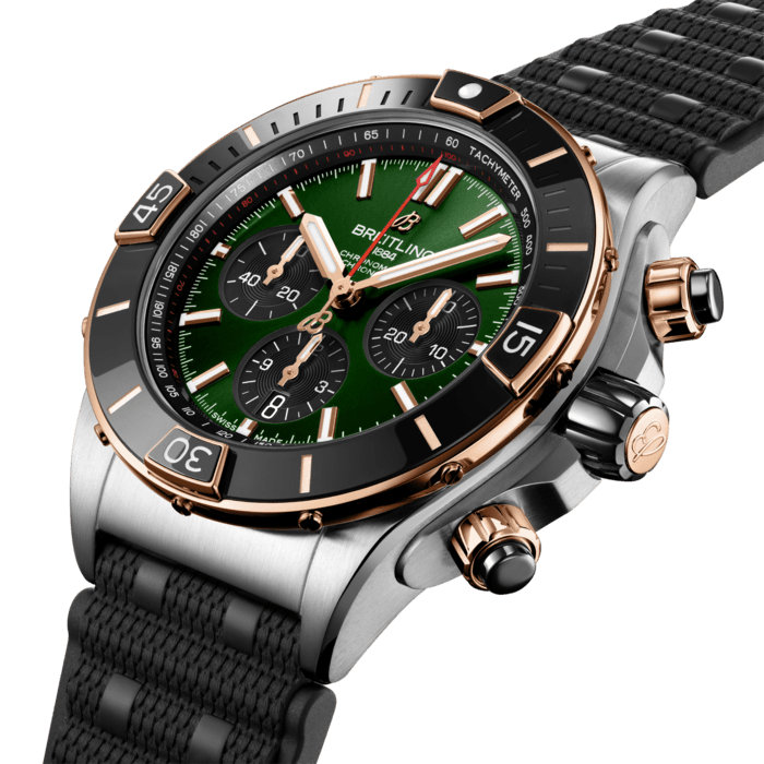Breitling’s supercharged watch for your every pursuit.
The Super Chronomat is inspired by the original 1980s Chronomat that Breitling created for the hotshots of aerobatic squadrons. The boldest of all Chronomat watches, the Super Chronomat features several ceramic inserts – on the bezel, on the chronograph pushers and on the crown – as well as a Rouleaux-inspired rubber strap. Still, this all-purpose sports watch won’t get in the way of your sense of style.
The Super Chronomat comes in several colour and metal variations, from stainless steel to 18 k red gold. It either features the iconic Rouleaux bracelet or a rubber Rouleaux-inspired strap, matched with a folding clasp. The Super Chronomat B01 44 is powered by the Breitling Manufacture Calibre 01, a COSC-certified chronometer.