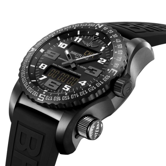 The Emergency is the world’s first wristwatch equipped with an authentic dual-frequency distress beacon. It’s the indispensable safety and survival instrument for adventurers on any given mission.
Breitling has made a name for itself at the forefront of innovation by creating the Emergency. A marvel of miniaturization and technical sophistication, the Emergency is the first wristwatch to be equipped with an authentic dual-frequency distress beacon. Once activated, the distress beacon will emit an alert signal that will guide rescue operations. Available both in titanium and DLC-coated titanium, the Emergency features a black dial paired either with a matching titanium bracelet, or a rubber strap fitting a folding buckle. Powered by the Breitling Caliber 76, a COSC-certified SuperQuartz™ chronograph, the Emergency features a rechargeable battery, a miniaturized transmitter, and an original integrated antenna system.