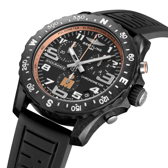 Breitling’s IRONMAN® Finisher edition lightweight Endurance Pro watch.
Designed for men and women whose active lives blend a professional mindset with a sporty lifestyle, the Endurance Pro is equal to the challenges of a rigorous workout but fashionable enough for everyday wear.
The Endurance Pro features an ultra-light Breitlight® case, a robust material 3.3 times lighter than titanium and 5.8 times lighter than stainless steel. Non-magnetic, thermally stable and hypoallergenic, Breitlight® is highly resistant to scratches, traction and corrosion. It also has a touch that is warmer than metal and a slightly textured effect accentuating the originality of the design. Exclusive to Breitling, it is 100% Swiss-made.
Offered with a distinctive IRONMAN® Finisher black & gold dial and branded rubber strap – fitting a Breitlight® double tang-type buckle, the Endurance Pro IRONMAN® Finisher watch is powered by the Breitling Caliber 82, a COSC-certified SuperQuartz™ chronograph delivering exceptional precision.