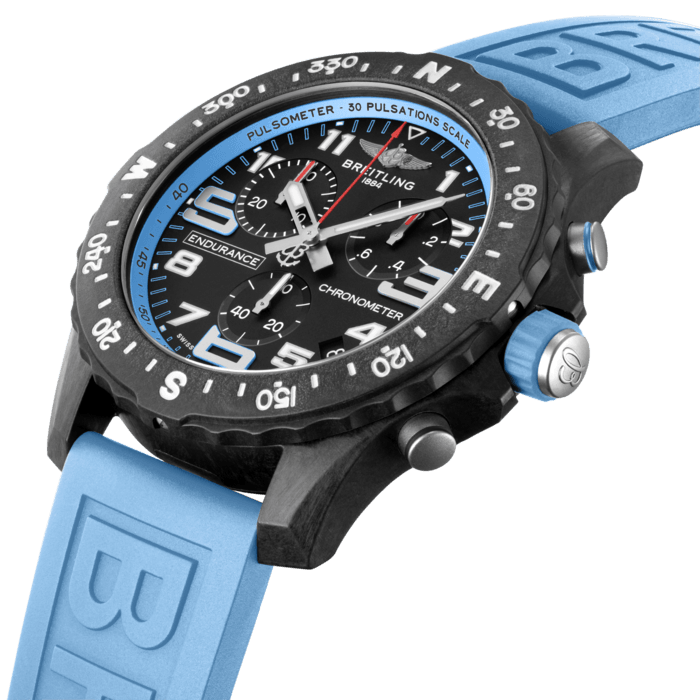 Designed to be both a lightweight watch for athletes and a casual, everyday sports chronograph, the Endurance Pro perfectly blends high precision & innovative technology with a vibrant & colorful design. It is the ultimate athleisure watch.
Designed for men and women whose active lives blend a professional mindset with a sporty lifestyle, the Endurance Pro is equal to the challenges of a rigorous workout but fashionable enough for everyday wear.
The Endurance Pro features an ultra-light Breitlight® case, a robust material 3.3 times lighter than titanium and 5.8 times lighter than stainless steel. Non-magnetic, thermally stable and hypoallergenic, Breitlight® is highly resistant to scratches, traction and corrosion. It also has a touch that is warmer than metal and a slightly textured effect accentuating the originality of the design. Exclusive to Breitling, it is 100% Swiss-made.
Offered with a set of colorful dial and rubber straps fitting a Breitlight® double tang-type buckle, the Endurance Pro can also be paired with one of Breitling’s colorful Outerknown ECONYL® yarn single-piece strap. Powering the Endurance Pro is Breitling’s Caliber 82, a COSC-certified SuperQuartz™ chronograph delivering exceptional precision.
