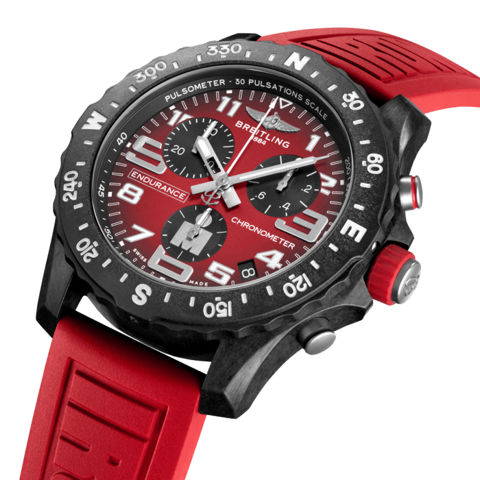 Breitling’s IRONMAN® edition lightweight Endurance Pro watch.
Designed for men and women whose active lives blend a professional mindset with a sporty lifestyle, the Endurance Pro is equal to the challenges of a rigorous workout but fashionable enough for everyday wear.
The Endurance Pro features an ultra-light Breitlight® case, a robust material 3.3 times lighter than titanium and 5.8 times lighter than stainless steel. Non-magnetic, thermally stable and hypoallergenic, Breitlight® is highly resistant to scratches, traction and corrosion. It also has a touch that is warmer than metal and a slightly textured effect accentuating the originality of the design. Exclusive to Breitling, it is 100% Swiss-made.
Offered with a distinctive IRONMAN® red dial and branded rubber strap – fitting a Breitlight® double tang-type buckle, the Endurance Pro IRONMAN® is powered by the Breitling Caliber 82, a COSC-certified SuperQuartz™ chronograph delivering exceptional precision.