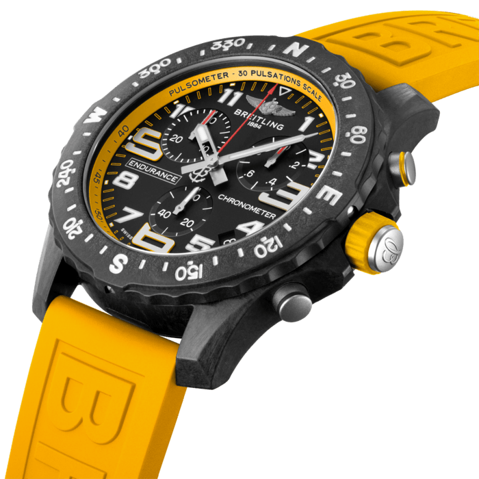 Designed to be both a lightweight watch for athletes and a casual, everyday sports chronograph, the Endurance Pro perfectly blends high precision & innovative technology with a vibrant & colorful design. It is the ultimate athleisure watch.
Designed for men and women whose active lives blend a professional mindset with a sporty lifestyle, the Endurance Pro is equal to the challenges of a rigorous workout but fashionable enough for everyday wear.
The Endurance Pro features an ultra-light Breitlight® case, a robust material 3.3 times lighter than titanium and 5.8 times lighter than stainless steel. Non-magnetic, thermally stable and hypoallergenic, Breitlight® is highly resistant to scratches, traction and corrosion. It also has a touch that is warmer than metal and a slightly textured effect accentuating the originality of the design. Exclusive to Breitling, it is 100% Swiss-made.
Offered with a set of colorful dial and rubber straps fitting a Breitlight® double tang-type buckle, the Endurance Pro can also be paired with one of Breitling’s colorful Outerknown ECONYL® yarn single-piece strap. Powering the Endurance Pro is Breitling’s Caliber 82, a COSC-certified SuperQuartz™ chronograph delivering exceptional precision.