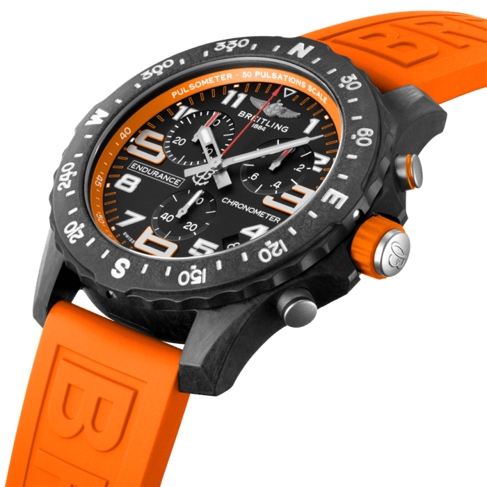 Designed to be both a lightweight watch for athletes and a casual, everyday sports chronograph, the Endurance Pro perfectly blends high precision & innovative technology with a vibrant & colorful design. It is the ultimate athleisure watch.
Designed for men and women whose active lives blend a professional mindset with a sporty lifestyle, the Endurance Pro is equal to the challenges of a rigorous workout but fashionable enough for everyday wear.
The Endurance Pro features an ultra-light Breitlight® case, a robust material 3.3 times lighter than titanium and 5.8 times lighter than stainless steel. Non-magnetic, thermally stable and hypoallergenic, Breitlight® is highly resistant to scratches, traction and corrosion. It also has a touch that is warmer than metal and a slightly textured effect accentuating the originality of the design. Exclusive to Breitling, it is 100% Swiss-made.
Offered with a set of colorful dial and rubber straps fitting a Breitlight® double tang-type buckle, the Endurance Pro can also be paired with one of Breitling’s colorful Outerknown ECONYL® yarn single-piece strap. Powering the Endurance Pro is Breitling’s Caliber 82, a COSC-certified SuperQuartz™ chronograph delivering exceptional precision.