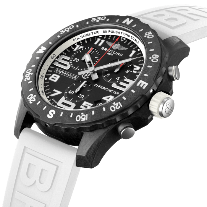 Designed to be both a lightweight watch for athletes and a casual, everyday sports chronograph, the Endurance Pro perfectly blends high precision & innovative technology with a vibrant & colorful design. It is the ultimate athleisure watch.
Designed for men and women whose active lives blend a professional mindset with a sporty lifestyle, the Endurance Pro is equal to the challenges of a rigorous workout but fashionable enough for everyday wear.
The Endurance Pro features an ultra-light Breitlight® case, a robust material 3.3 times lighter than titanium and 5.8 times lighter than stainless steel. Non-magnetic, thermally stable and hypoallergenic, Breitlight® is highly resistant to scratches, traction and corrosion. It also has a touch that is warmer than metal and a slightly textured effect accentuating the originality of the design. Exclusive to Breitling, it is 100% Swiss-made.
Offered with a set of colorful dial and rubber straps fitting a Breitlight® double tang-type buckle, the Endurance Pro can also be paired with one of Breitling’s colorful Outerknown ECONYL® yarn single-piece strap. Powering the Endurance Pro is Breitling’s Caliber 82, a COSC-certified SuperQuartz™ chronograph delivering exceptional precision.
