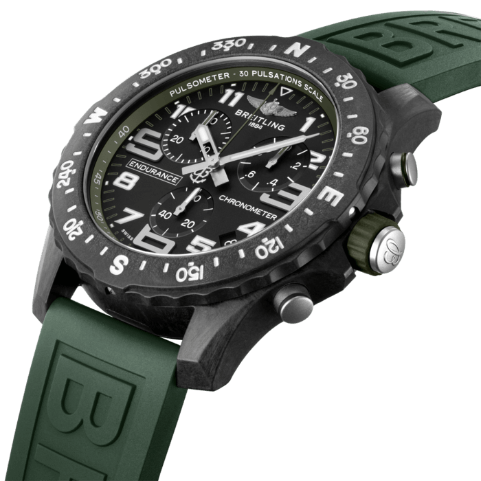 Designed to be both a lightweight watch for athletes and a casual, everyday sports chronograph, the Endurance Pro perfectly blends high precision & innovative technology with a vibrant & colorful design. It is the ultimate athleisure watch.
Designed for men and women whose active lives blend a professional mindset with a sporty lifestyle, the Endurance Pro is equal to the challenges of a rigorous workout but fashionable enough for everyday wear.
The Endurance Pro features an ultra-light Breitlight® case, a robust material 3.3 times lighter than titanium and 5.8 times lighter than stainless steel. Non-magnetic, thermally stable and hypoallergenic, Breitlight® is highly resistant to scratches, traction and corrosion. It also has a touch that is warmer than metal and a slightly textured effect accentuating the originality of the design. Exclusive to Breitling, it is 100% Swiss-made.
Offered with a set of colorful dial and rubber straps fitting a Breitlight® double tang-type buckle, the Endurance Pro can also be paired with one of Breitling’s colorful Outerknown ECONYL® yarn single-piece strap. Powering the Endurance Pro is Breitling’s Caliber 82, a COSC-certified SuperQuartz™ chronograph delivering exceptional precision.