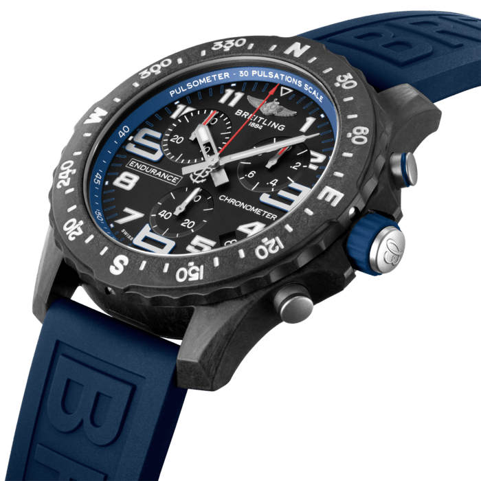 Designed to be both a lightweight watch for athletes and a casual, everyday sports chronograph, the Endurance Pro perfectly blends high precision & innovative technology with a vibrant & colorful design. It is the ultimate athleisure watch.
Designed for men and women whose active lives blend a professional mindset with a sporty lifestyle, the Endurance Pro is equal to the challenges of a rigorous workout but fashionable enough for everyday wear.
The Endurance Pro features an ultra-light Breitlight® case, a robust material 3.3 times lighter than titanium and 5.8 times lighter than stainless steel. Non-magnetic, thermally stable and hypoallergenic, Breitlight® is highly resistant to scratches, traction and corrosion. It also has a touch that is warmer than metal and a slightly textured effect accentuating the originality of the design. Exclusive to Breitling, it is 100% Swiss-made.
Offered with a set of colorful dial and rubber straps fitting a Breitlight® double tang-type buckle, the Endurance Pro can also be paired with one of Breitling’s colorful Outerknown ECONYL® yarn single-piece strap. Powering the Endurance Pro is Breitling’s Caliber 82, a COSC-certified SuperQuartz™ chronograph delivering exceptional precision.