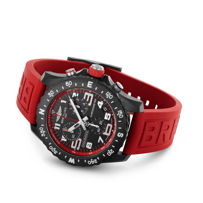 Designed to be both a lightweight watch for athletes and a casual, everyday sports chronograph, the Endurance Pro perfectly blends high precision & innovative technology with a vibrant & colorful design. It is the ultimate athleisure watch.
Designed for men and women whose active lives blend a professional mindset with a sporty lifestyle, the Endurance Pro is equal to the challenges of a rigorous workout but fashionable enough for everyday wear.
The Endurance Pro features an ultra-light Breitlight® case, a robust material 3.3 times lighter than titanium and 5.8 times lighter than stainless steel. Non-magnetic, thermally stable and hypoallergenic, Breitlight® is highly resistant to scratches, traction and corrosion. It also has a touch that is warmer than metal and a slightly textured effect accentuating the originality of the design. Exclusive to Breitling, it is 100% Swiss-made.
Offered with a set of colorful dial and rubber straps fitting a Breitlight® double tang-type buckle, the Endurance Pro can also be paired with one of Breitling’s colorful Outerknown ECONYL® yarn single-piece strap. Powering the Endurance Pro is Breitling’s Caliber 82, a COSC-certified SuperQuartz™ chronograph delivering exceptional precision.