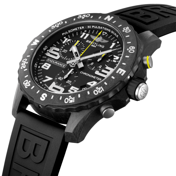 Designed to be both a lightweight watch for athletes and a casual, everyday sports chronograph, the Endurance Pro perfectly blends high precision & innovative technology with a vibrant & colorful design. It is the ultimate athleisure watch.
Designed for men and women whose active lives blend a professional mindset with a sporty lifestyle, the Endurance Pro is equal to the challenges of a rigorous workout but fashionable enough for everyday wear.
The Endurance Pro features an ultra-light Breitlight® case, a robust material 3.3 times lighter than titanium and 5.8 times lighter than stainless steel. Non-magnetic, thermally stable and hypoallergenic, Breitlight® is highly resistant to scratches, traction and corrosion. It also has a touch that is warmer than metal and a slightly textured effect accentuating the originality of the design. Exclusive to Breitling, it is 100% Swiss-made.
Offered with a set of colorful dial and rubber straps fitting a Breitlight® double tang-type buckle, the Endurance Pro can also be paired with one of Breitling’s colorful Outerknown ECONYL® yarn single-piece strap. Powering the Endurance Pro is Breitling’s Caliber 82, a COSC-certified SuperQuartz™ chronograph delivering exceptional precision.