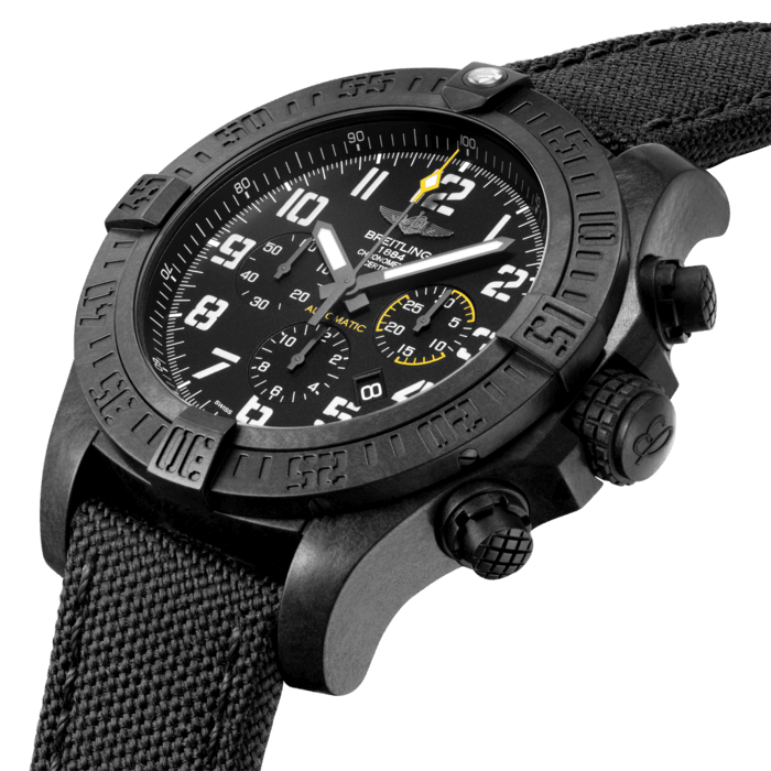 A standout 50 mm diameter, an ultra-rugged, ultra-light case in Breitlight®, Manufacture Breitling Caliber 01: the Avenger Hurricane 12H resolutely targets performance. The technical and powerful black or yellow dial is distinguished by its aviation-inspired white stencil-type. The exclusive strap offers a blend of comfort and sturdiness, with a rubber inner lining and sides and an exterior made of high-resistance Military textile fiber. The pushpieces and crown are fitted with a non-slip grip ensuring optimal handling, even with gloves. Avenger Hurricane: beyond superlatives.