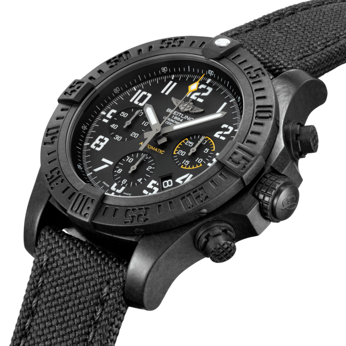 The 45 mm version of the super-charged Breitling, this selfwinding chronograph houses a high-performance Manufacture Breitling Caliber 01 in an ultra-sturdy, ultra-light case in Breitlight®: an avant-garde alloy used for the first time in the watch industry. Its original, technical and powerful look is accentuated by a black or yellow dial with aviation-inspired white stencil-type numerals, as well as an exclusive strap combining rubber and high-resistance Military textile fiber. An instrument built for extremes.