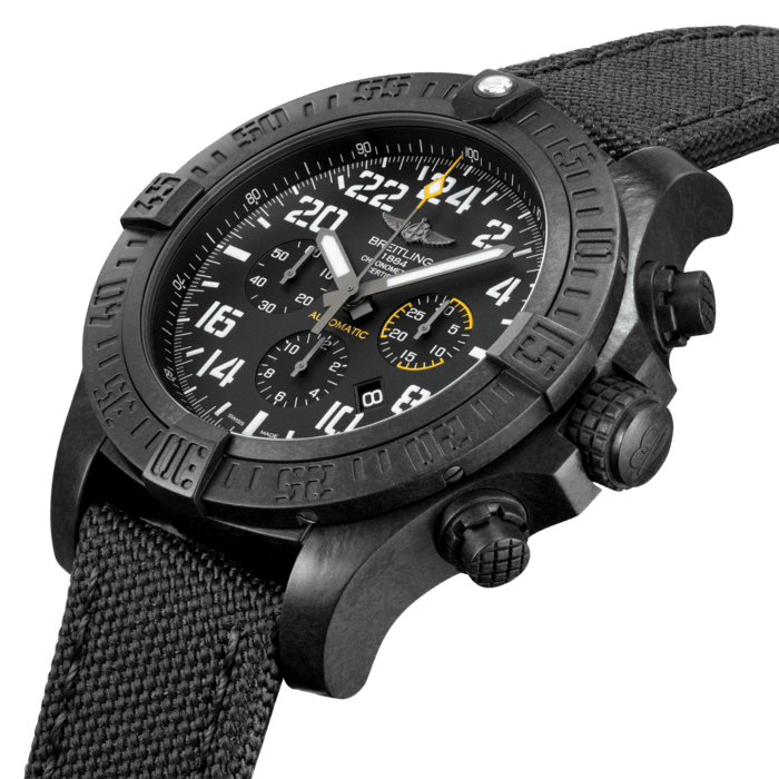 The superlative-charged Breitling Avenger Hurricane self-winding chronograph with ultra-sturdy and ultra-lightweight case in Breitlight® is available in two sizes, 45 mm and 50 mm. As well as a high-tech look enhanced by aviation-inspired stencil-type numerals, it is equipped with a Manufacture Breitling Caliber B12 powering a military-type 24-hour display, and a Manufacture Breitling Caliber 01 driving a 12-hour display. The exclusive strap combines rubber and high-resistance military textile fiber. A compendium of boldness, innovation and performance, designed to endure any challenge.